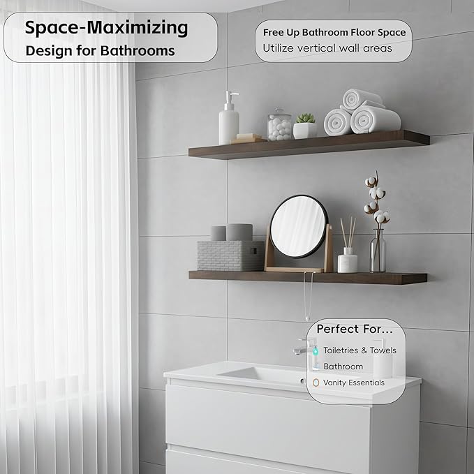 Lufia Floating Wall Shelves, Set of 2, MDF with Invisible Brackets, Modern Storage for Bedroom, Bathroom, Living Room, Kitchen (Rustic Brown, 32" W x 7" D x 1.5" H)