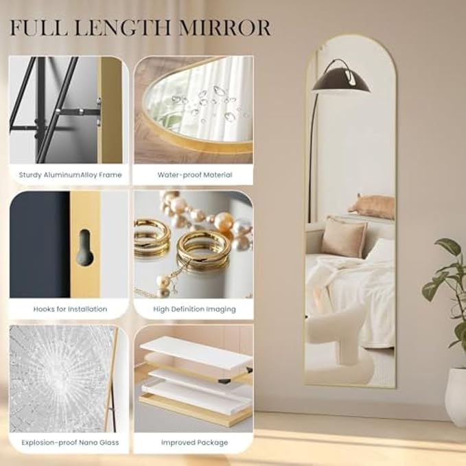 NEWBULIG Full Length Mirror, Full Body Floor Mirror with Aluminum Alloy Thin Frame, Wall or Standing Mirror for Bedroom, Living Room, Dressing Room