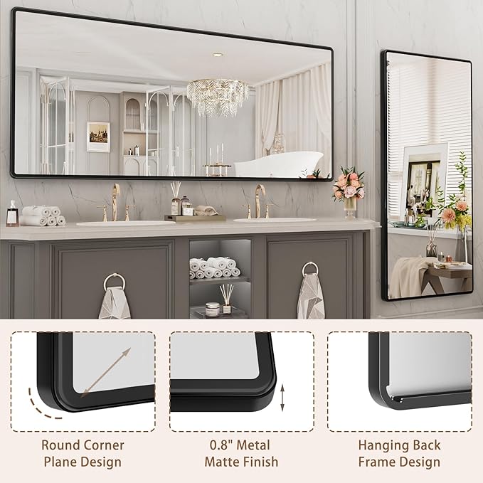 pertetey New Upgrade Bathroom Mirror, 72X36 Inch Black Metal Frame Wall Mounted Rounded Rectangle Bathroom Vanity Mirror with Tempered Glass for Washroom Bedroom Living Room