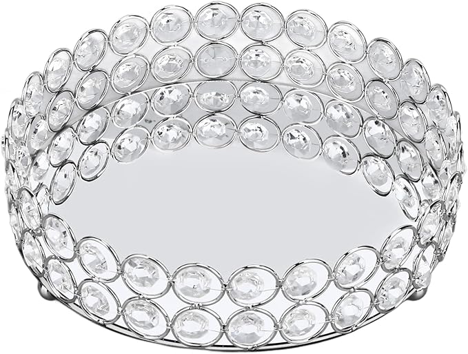 8 Inch Round Vanity Tray Mirrored Crystal Metal Display for Makeup Perfume Jewelry Organizer and Home Decor