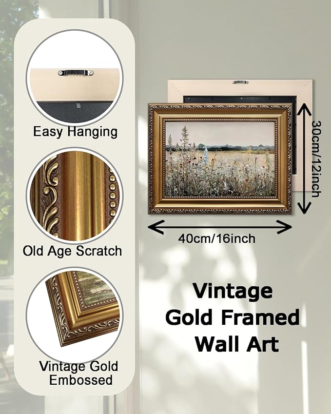 KBKBART Vintage Framed Wall Art for Living Room, French Wildflowers Field Vintage Art Print, Neutral Country Meadow Landscape, Gold Framed, 12''x16''
