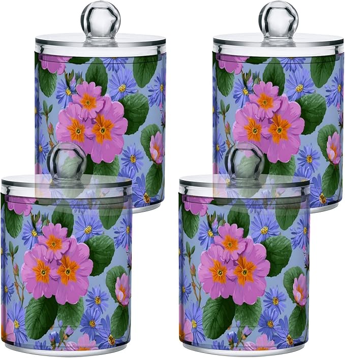2 Pack Apothecary Jars Artistic Primrose Aster Pattern Bathroom Vanity Storage Organizer Set,Small Clear Plastic Storage Jars Bathroom Canister for Cotton Swabs, Rounds, Balls, Qtips,Makeup Spo