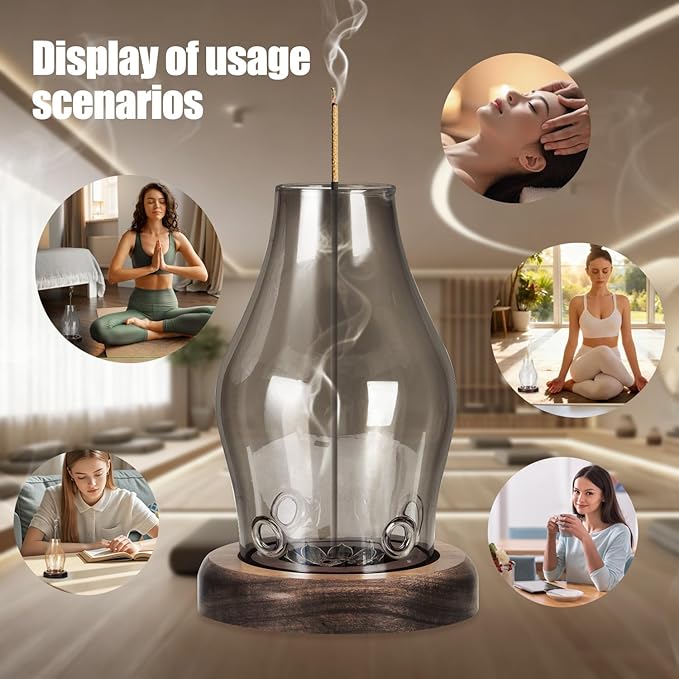 Glass Incense Holder for Sticks, Wooden Incense Stick Holder With Ash Catcher, Modern Insence-Stick Holder, Multi-Functional Anti-Ash Flying Incent Holder for Yoga Spa Meditation Home Zen Decor (Gray)