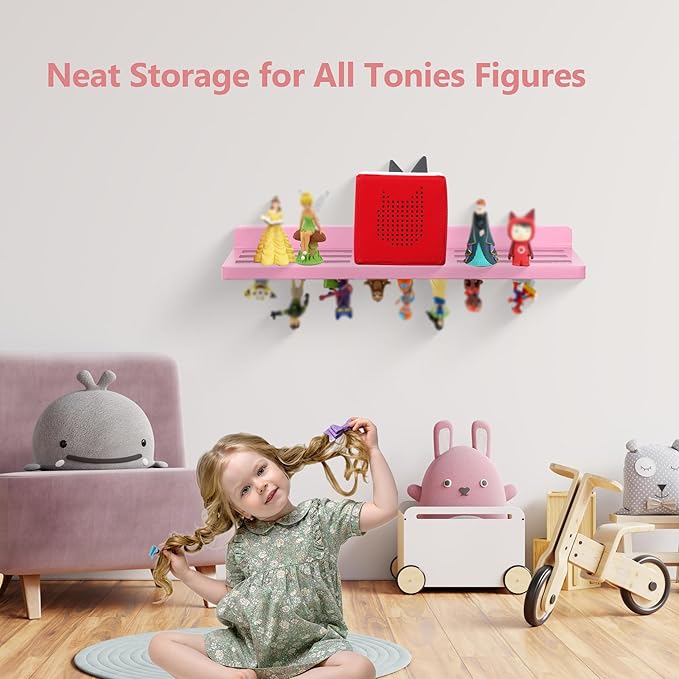 For Tonies Figures Shelf Magnetic,for Tonie Box Wall Shelves,for Tonies Characters Organizer Audio Toy Storage (Holds 36 Figurines),Compatible Charging Station for Children Kid's Room,Oak Wood,Pink