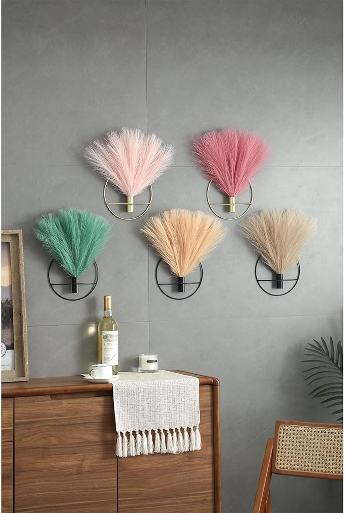 Pretty Jolly Boho Wall Decor - Mounted Metal Hanging Artificial Pampas Display for Living Room, Bedroom, Bathroom, Dining Room - Plant Art 2 Pack