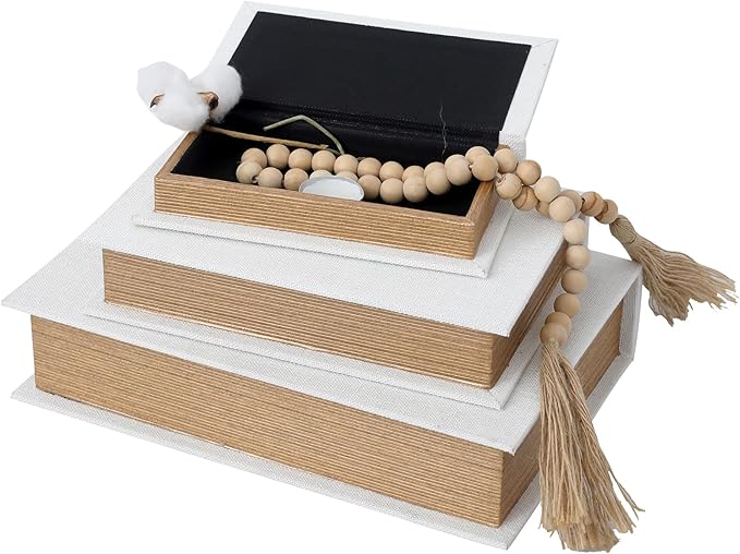 DECOR4SEASON Decorative Book Boxes Set of 3 – Modern Faux Linen & Wood Hidden Storage for Coffee Table – Stackable Fake Books for Shelf Decor, Remote Control & Jewelry Organizer (Off White)