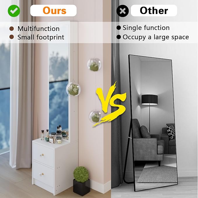 anwickjeff Full-Length Mirror with Storage, Standing Nightstand Mirror Cabinet with 2 Drawers & 4 Shelves, Makeup Storage Organizer, Gift for Women Girls (White)