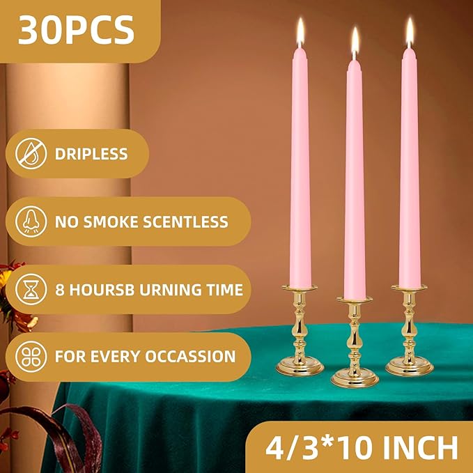 LYOBATH 30 Pack Pink Taper Candles - Taper Candles 10 Inch Dripless, Smokeless & Unscented - 8 Hours Long Burning - Ideal for Weddings, Dinner Parties, and Home Decor