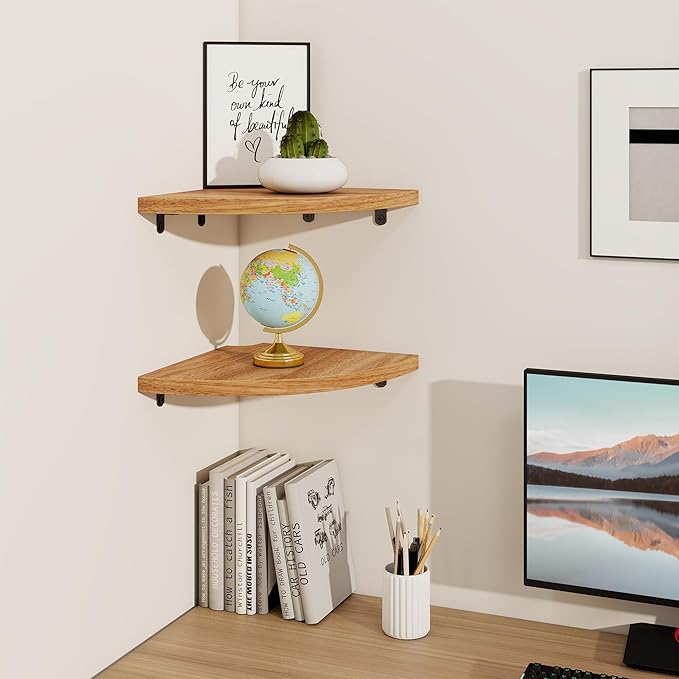 Fun Memories Corner Shelf Wall Mount, Solid Oak Wood Floating Corner Shelves with Cable Hole, 10in Rustic Design for Bedroom, Bathroom, Kitchen, Living Room (Natural, 1 Pack)