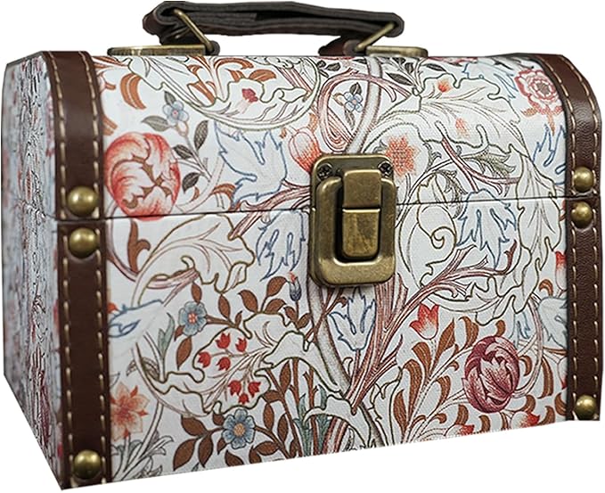 Vintage Decorative Storage Box with Handle, Retro Floral William Morris Keepsake Organizer Chest for Jewelry, Trinkets, Gift Packaging and Home Decor, 7 x 5.6 x 4.7 Inch