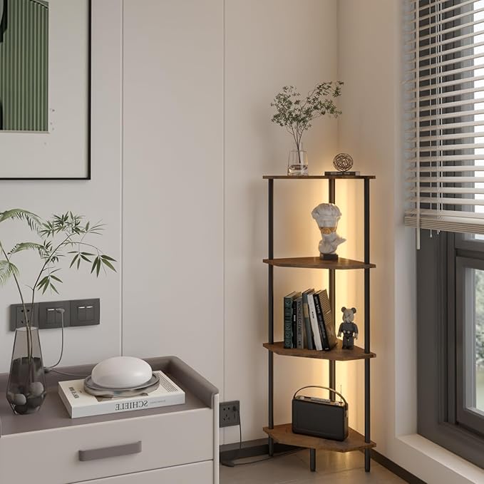 4 Tier Corner Shelf with LED Light,Bookcase for Small Spaces,Display Shelf,Narrow Bookshelf,Plant Stand,Rustic Brown and Black,Suitable for Bedroom,Living Room,Kitchen
