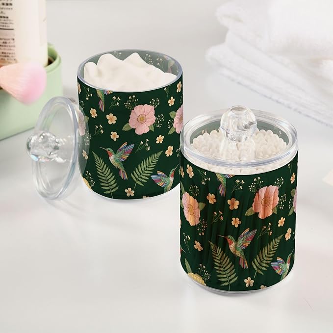 Flower Hummingbirds Green Bathroom Containers Holder with Lids Set Clear Jars 2 Pack Plastic Makeup Storage Organizer 4.13 x 2.75In for Cotton Swabs Pads Hair Clips