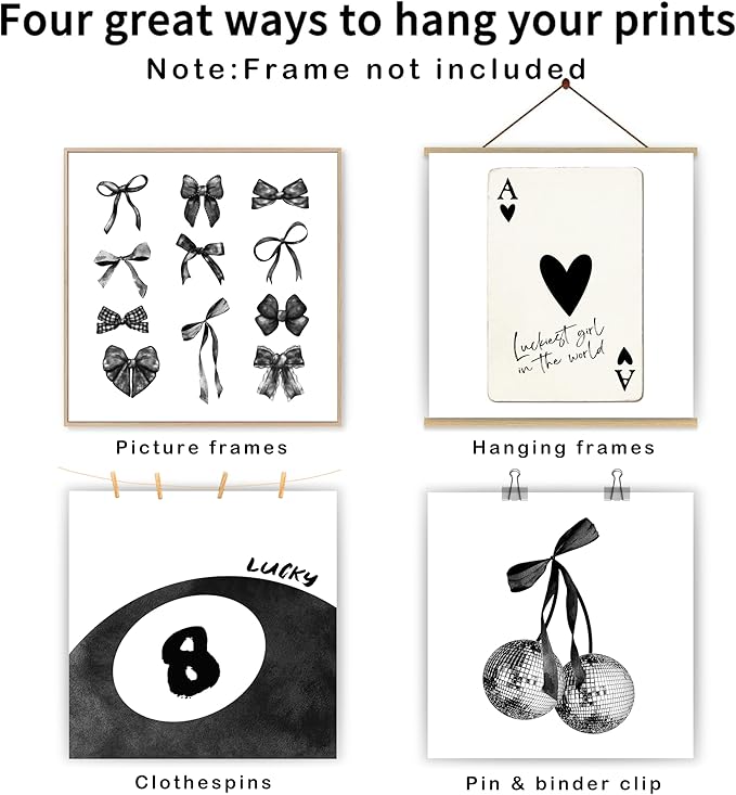 okaxscm Black Coquette Trendy Preppy Wall Art Prints Set of 4,Coquette Room Decor,Preppy Room Decor Aesthetic, Black Bow Disco 8 Ball Cherry Wall Decor Posters for Girls Bedroom Dorm, 10x10 Unframed