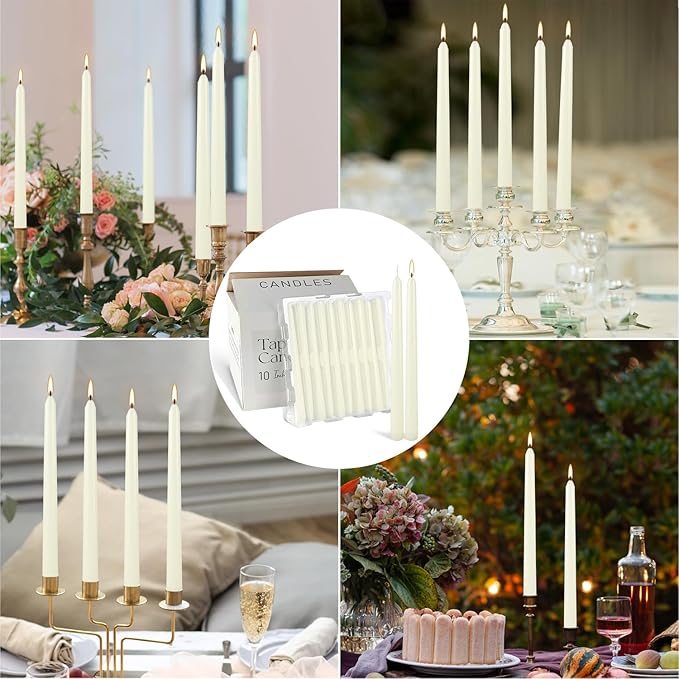 YOROXRG 100Pack Ivory Taper Candles, 7-8 Hours Burn Time, Unscented, Smokeless and Dripless, 0.75 x 10 Inch Dinner Candle Set for Household, Wedding, Party and Home Décor Candlesticks