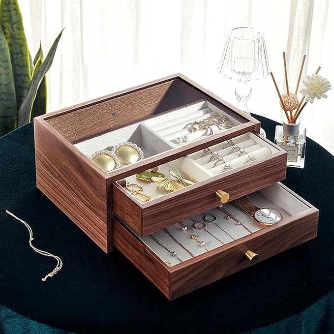 VSULZVNU Makeup Organizers Jewelry Box Jewelry Organizer Box Two-Layer Jewelry Case for Women Wood Display Case with Glass Ring Tray Vintage Style Walnut Jewelry Case