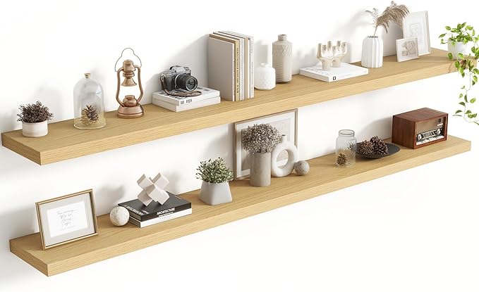 Acovy 72 Inch Floating Shelves, 8 Inch Deep Floating Shelves for Wall, Hanging Shelf with Invisible Brackets, Deep Shelves for Bathroom, Bedroom, Living Room, Oak, Set of 2