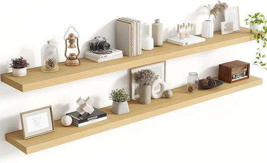 Acovy 72 Inch Floating Shelves, 8 Inch Deep Floating Shelves for Wall, Hanging Shelf with Invisible Brackets, Deep Shelves for Bathroom, Bedroom, Living Room, Oak, Set of 2
