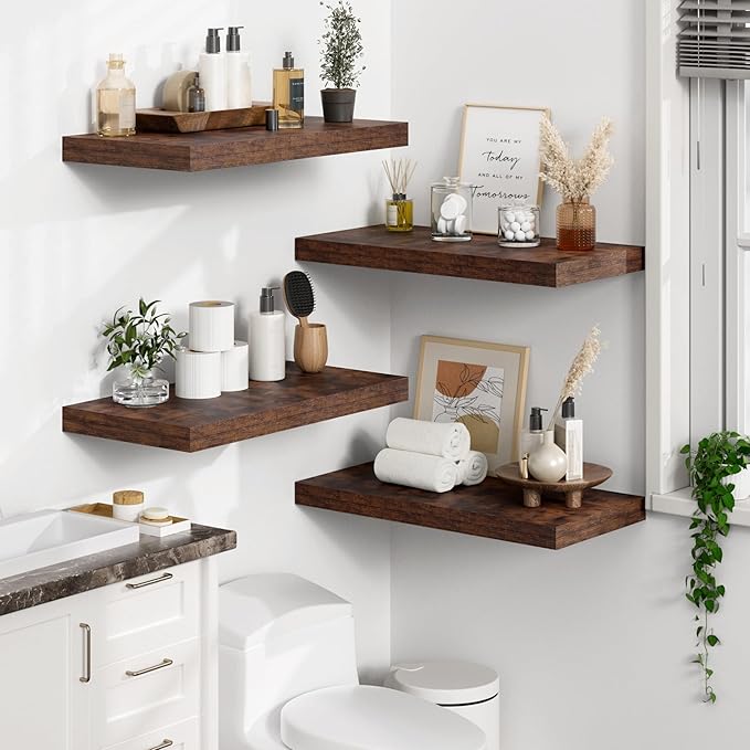 Heimlove 12" Deep Floating Shelves for Wall, 24 Inch Wall Mounted Shelf Set of 2 for Books Living Room Laundry Room Bedroom Kitchen Home Office, Rustic Brown