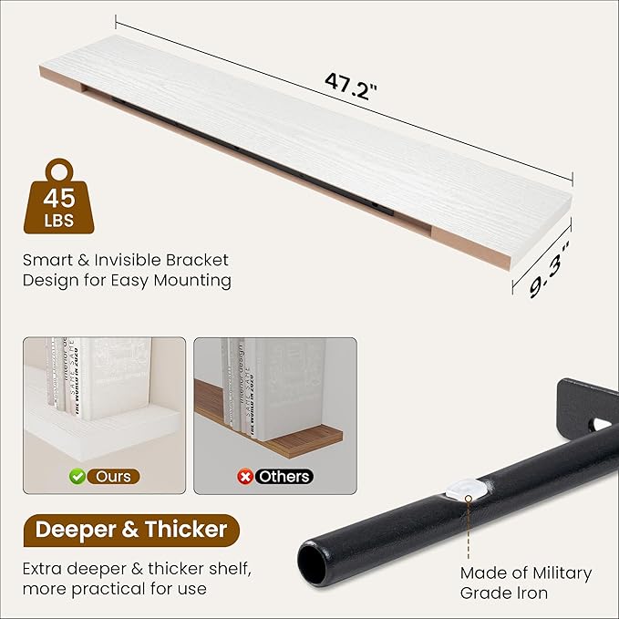 Fun Memories 48 Inch White Floating Shelves, 9.3 Inch Deep Wall Shelves for Living Room|Bedroom|Kitchen, Rusitc Wall Mounted Bathroom Shelves 2 Pack, Heavy-Duty Deep Shelf for Books，Decor