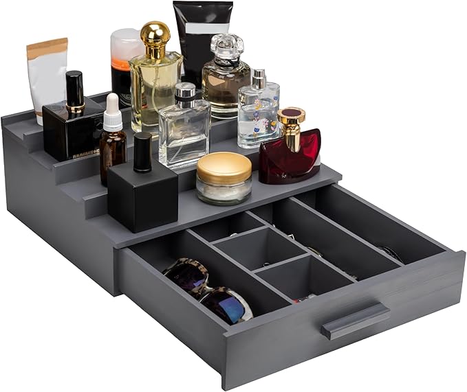 Cologne Organizer for Men，4 Tier Wood Perfume Display Stand with Velvet Lining Drawer and Hidden Compartment ，Perfume Organizer for Men，Great Gift for Man (Gray)