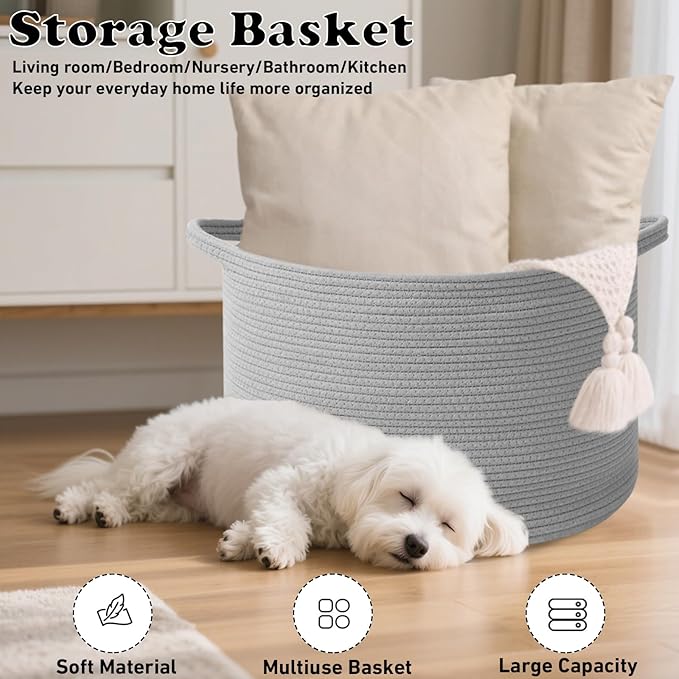 115L Extra Large Blanket Basket,Woven Rope Laundry Basket Hamper with Handles, Decorative Nursery Basket Storage Bin for Toys, Clothes Organizer, Living Room, Bedroom, Bathroom, Light Grey