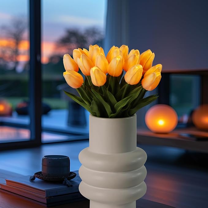 HOMESEASONS 20pcs Tulip Lamp Artificial Floral Night Light Real Touch Tulip Night Lamp LED Flower Bouquet Home Kitchen Decor(Orange)