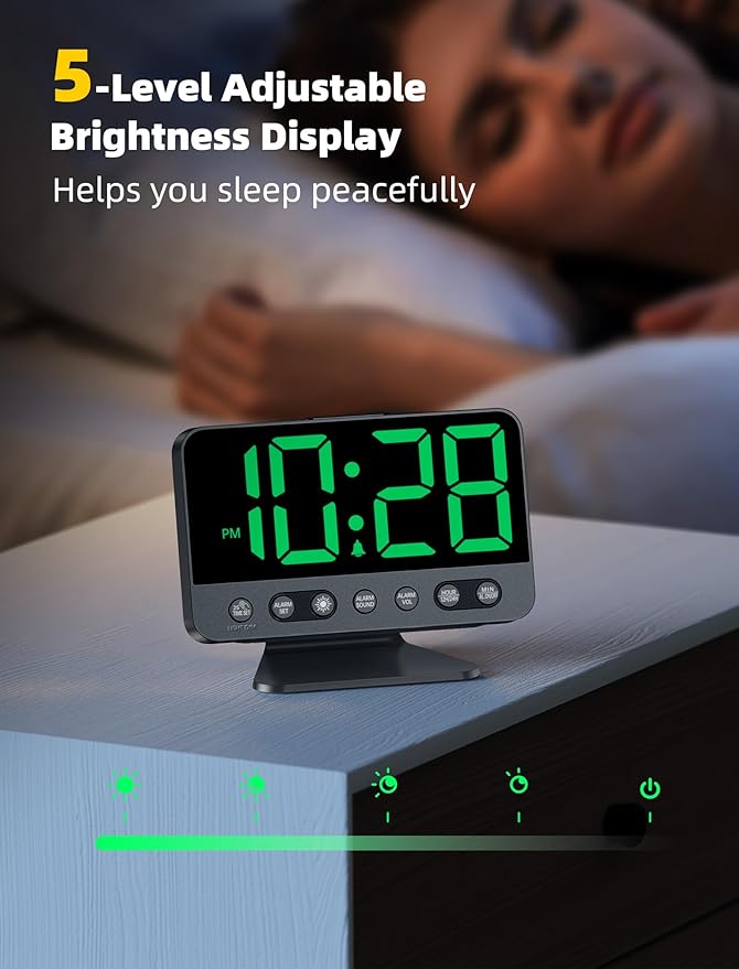 Odokee Digital Alarm Clocks for Bedrooms: Large Bold Number 5 Brightness Dimmer - Easy to Read Across The Room - 5 Alarm Sound 8 Night Light - Green