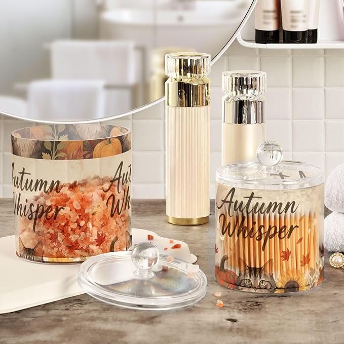Hello Fall Autumn Cat Pumpkin Sunflower Clear Plastic Makeup Organizer Storage with lid Dresser Essentials Decorative small storage bins for Cotton Swabs,Cotton Pads,Floss Picks,Paper