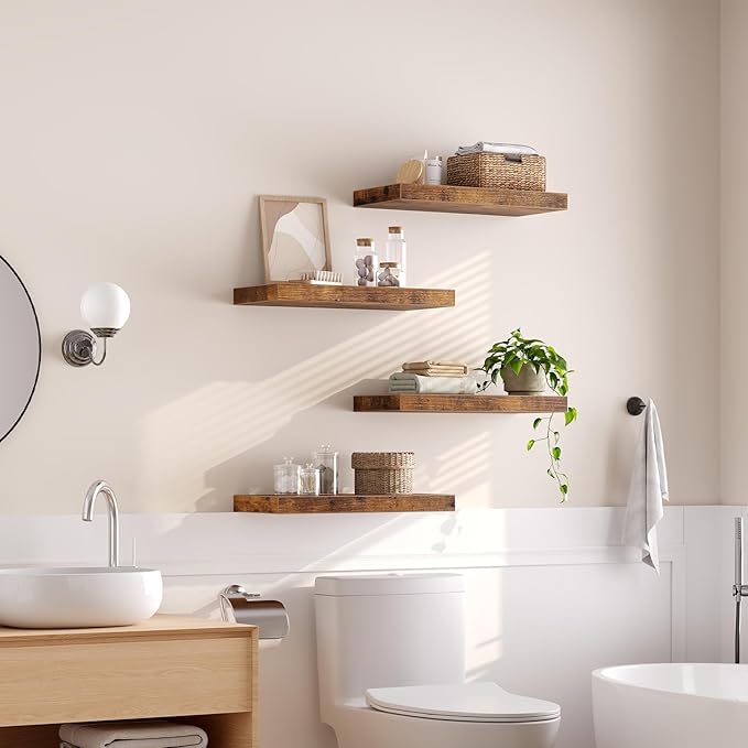RALGEND Floating Shelves for Wall, 1.5" Thick Wall Shelf Set of 4 with Invisible Brackets, 15.7L x 7.9W Hanging Shelves Farmhouse Home Decor for Bathroom, Living Room, Bedroom, Rustic Brown 4301BJP4BF