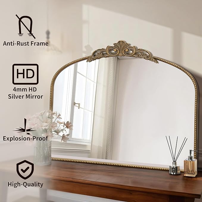Micasso Large Antique Gold Mirror: 29"x 36" French Baroque Arched Mirror - Traditional Ornate Vintage Mirrors for Wall/Mantel/Entryway/Bathroom/Hallway - Home Decor for Living Room