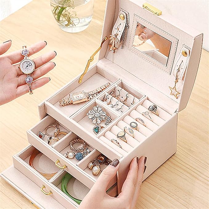 3layers Stud Earrings Ring Jewelry Box Portable Makeup Organizer with Mirror Women Travel Jewellery Storage Case 1Pcs (Color : Light Blue style1)