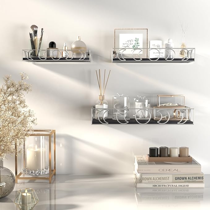 PHAREGE Moon Phase Floating Shelves Black Silver, Set of 3 Small Decorative Wall Shelves for Book Plant Storage, Crystal Figurine Collectibles Display Shelf for Bedroom Kid Room