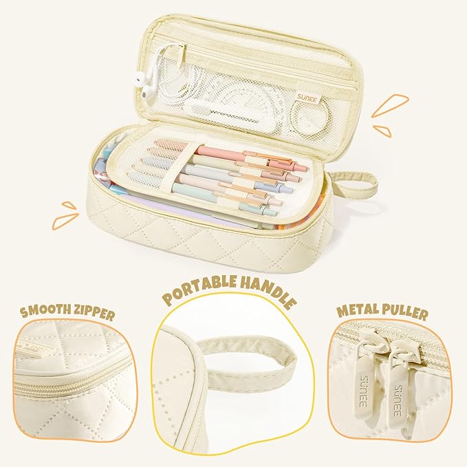 SUNEE Cute Pencil Case, Large Capacity Pencil Pouch Aesthetic Zipper Pencil Bag, Big Storage Pen Organizer for Stationery, Soft Quilted Pencil Box Back to School Supplies for Teen Girls Boys, Cream