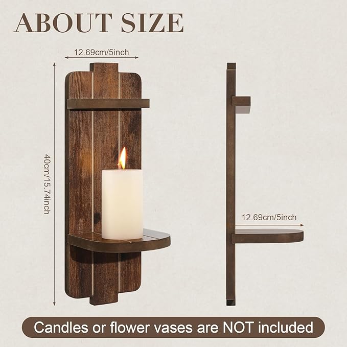 Rustic Candle Holder Set of 2 – Vintage Brown Wooden Wall Sconces for Fireplace, Bedroom & Living Room – Farmhouse Wall Decor with Candle Shelf for Home, Aisle, Hallway