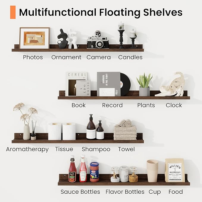 RICHFOCUS Picture Ledge Shelf, 36 inch Floating Shelves Set of 2, Wood Wall Shelves with Lip, Wall Decor Storage for Bedroom Living Room Bathroom Kitchen Nursery Photo Picture, Walnut
