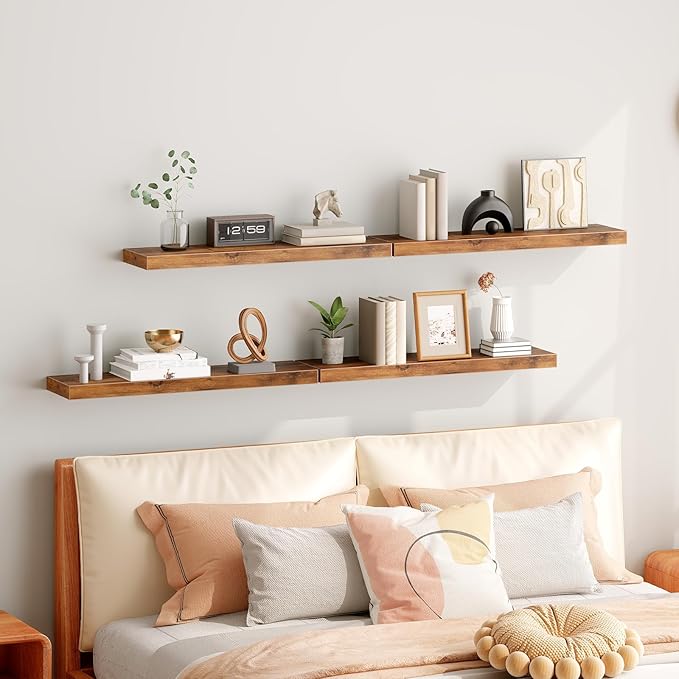 RALGEND Floating Shelves for Wall, 31.5" Long Wall Shelf Set of 4 with Invisible Brackets, 1.5" Thick Hanging Shelves Farmhouse Home Decor for Bathroom, Living Room, Bedroom, Rustic Brown 8301BJP4BF