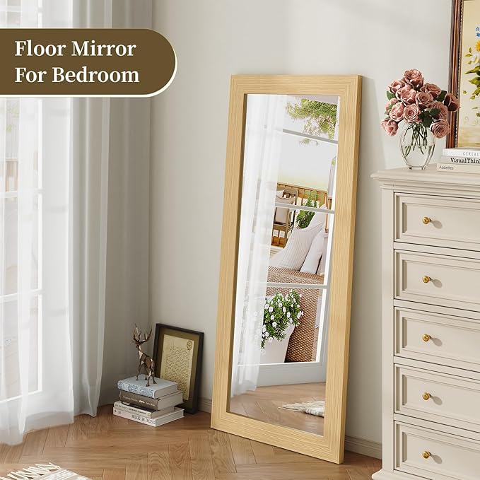 Syndra Modern Full Length Mirror Wood Frame, 56x20'' Large Floor Mirror with HD Tempered Glass & Wall Mount Option, Rectangular Standing Mirror for Bedroom, Living Room, Entryway, Farmhouse(Natural)