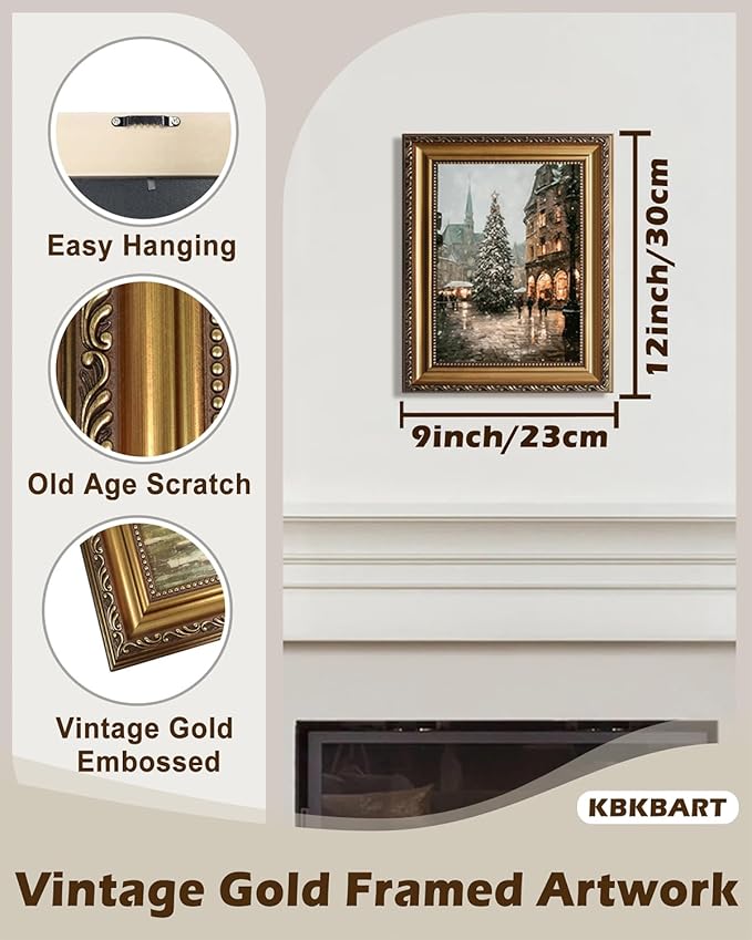 KBKBART Framed Canvas Wall Art 'Vintage Christmas Tree' Painting, Retro Farmhouse Artwork, Winter Mood Snow Picture, For Living Room & Bathroom Wall Decor - 9'x12'