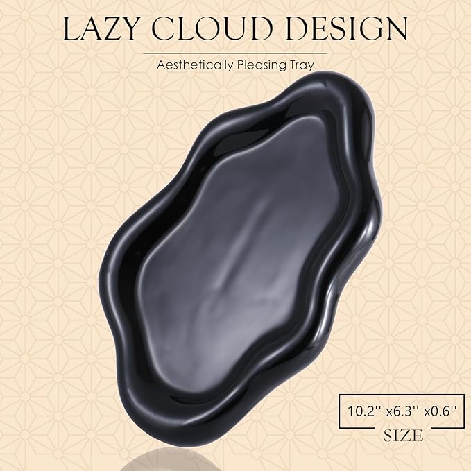 CCINPPY Ceramic Jewelry Tray Trinket Dish, Decorative Cloud Vanity Key Tray for Women, Ring Holder Dish, Cute Jewelry Plate Bowl Room Decor Aesthetic, Black, Large
