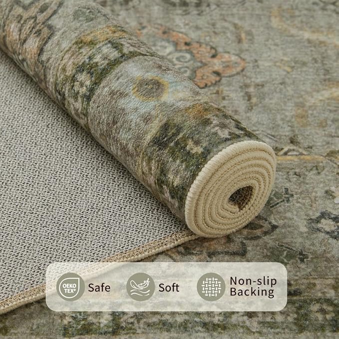 Rugxara Entryway Rug Door Mat, Washable Samll 2x3 Rug, Boho Front Door Mat, Non Slip Area Rugs, Low Pile Throw Accent Entry Carpet for Indoor Entrance, Bathroom and Kitchen(Olive/Brown 2x3ft)