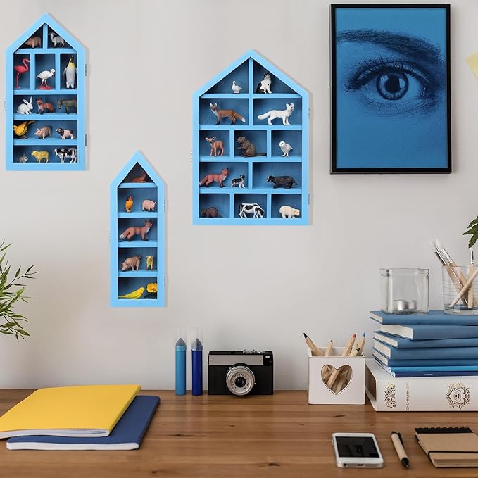 DoubleFill Set of 3 Wooden Trinket Display Shelf Shadow Box with Shelves 10 x 15 Inch Large Wall Mounted Display Storage Mini Figures Curio Trinket Medals Crafts Collections(Ocean Blue,House Shape)