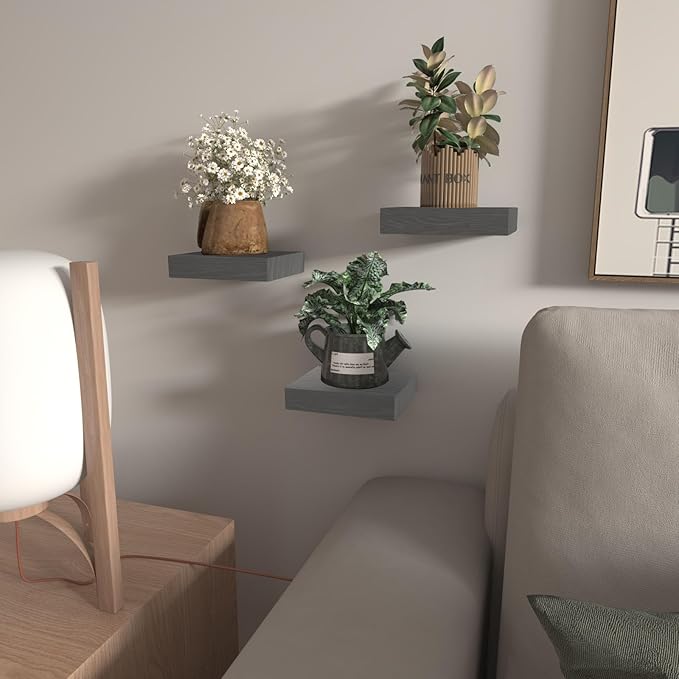 PopiShelves Small Floating Shelves for Wall - 6 Inch Mini Square Grey Shelves for Bedroom, Living Room, Bathroom, Kitchen, Office Decor Set of 3