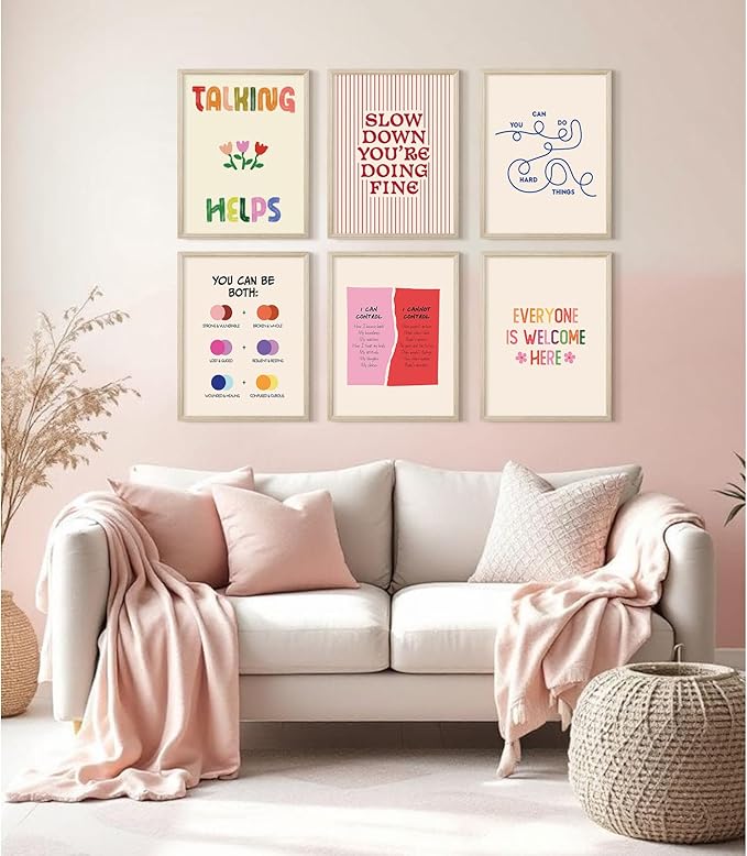 Mental Health Office Wall Decor Therapy Wall Art Mental Health Canvas Posters Motivational Inspirational Quotes Pictures Boho Positive Artwork for Counseling Office Classroom 12x16 Inch Framed 6Pcs