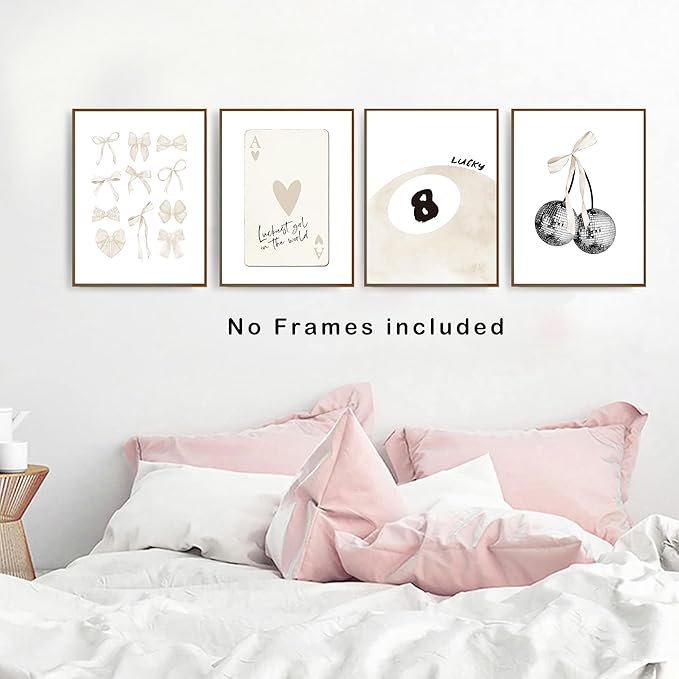 okaxscm Beige Coquette Trendy Preppy Wall Art Prints Set of 4,Coquette Room Decor, Preppy Room Decor Aesthetic,Beige Bow Disco 8 Ball Cherry Wall Decor Posters for Girls Bedroom Dorm, 12x16 Unframed