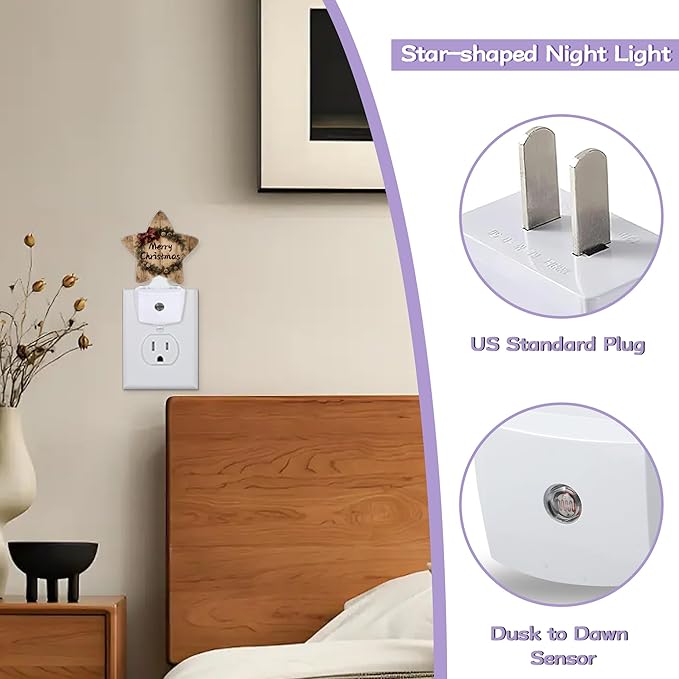 Merry Christmas Nightlights Plug in Wall,Rustic Wooden Decorative Star Lamp with Automatic Lighting for Living Space,Gentle Glow for Kids Room,Hallway,Bathroom