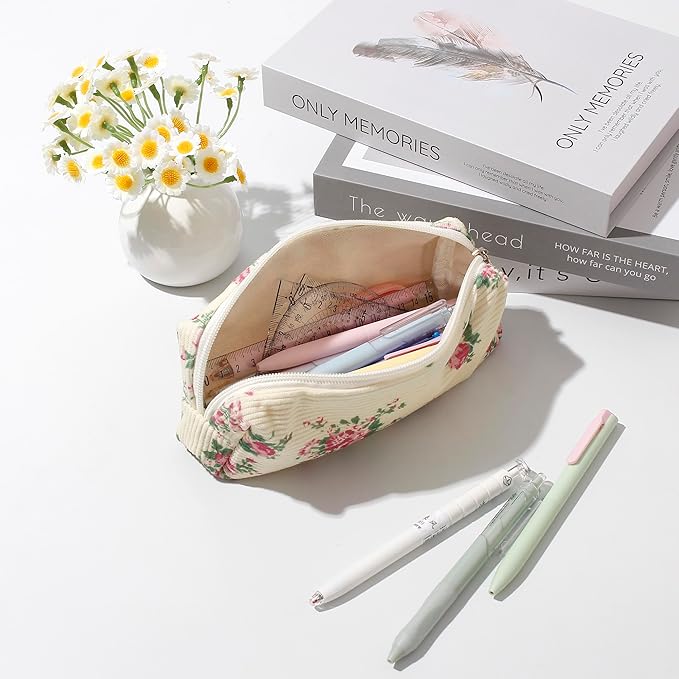 Pencil Case Lightweight Aesthetic Pen Case Office College School Storage Bag Pouch Holder Box Organizer Makeup Pouch Cosmetic Bag for Girls Boys Kids (Flowers-Pink)