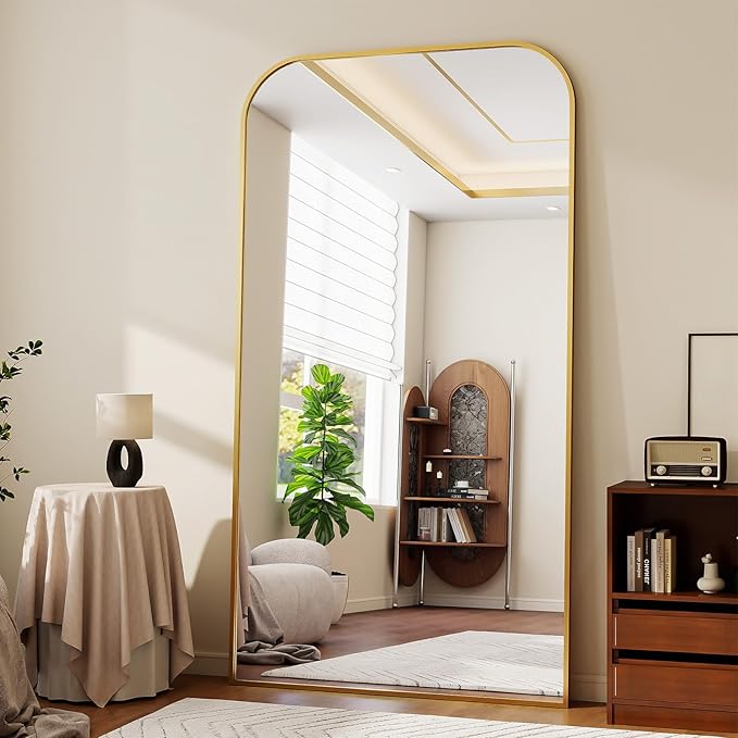 Full Length Mirror 76"x34" Arched Floor Standing Large Mirrors Full Body Mirror with Stand - with Aluminum Frame for Bedroom Living Room, Gold
