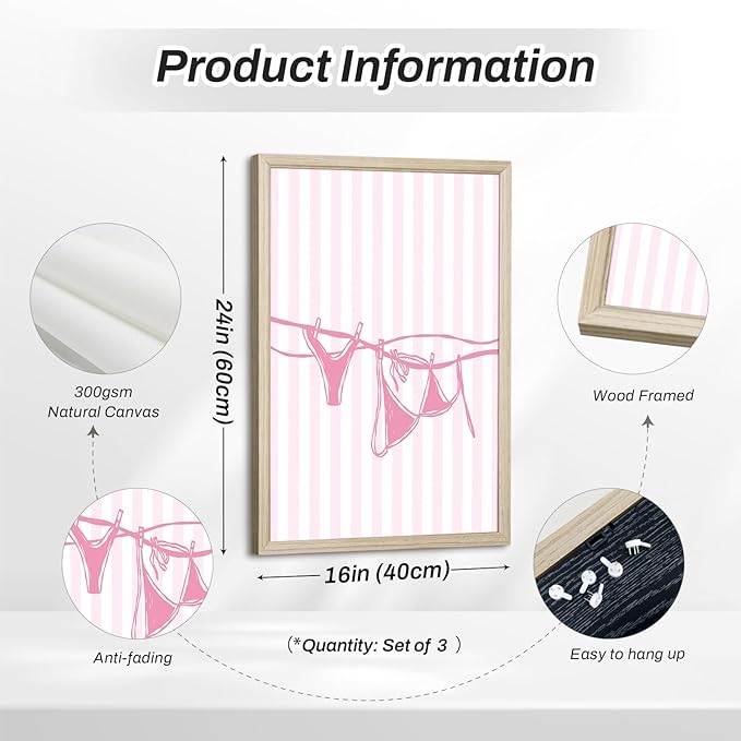 Pink Coquette Wall Art Decor Trendy Aesthetic Posters Preppy Funky Y2k Canvas Wall Art Decor Bow Girly Room Pictures Coquette Bikini Lips Prints Pink Artwork for Dorm Bedroom 16x24x3 Inch Wood Framed