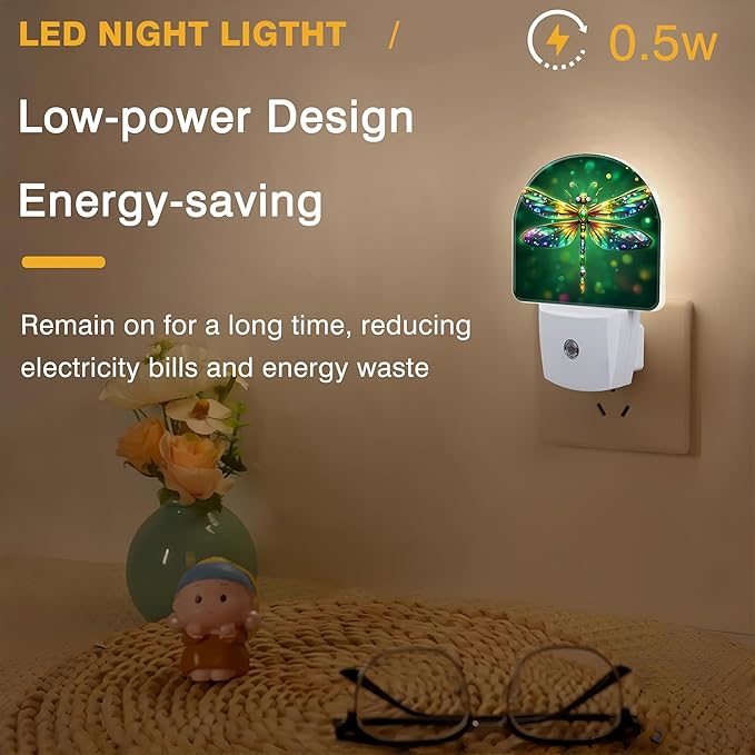 Night Light, Glitter Dragonfly Night Lights Plug into Wall Dusk to Dawn Sensor Round Nightlight for Women Men Energy Efficient Led Lamp 0.5W for Stairway Hallway Bedroom