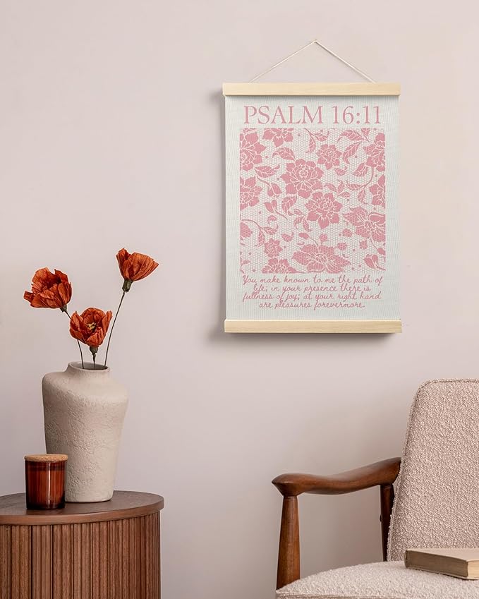 FGFK Pink Lace Floral Christian Wall Art Poster Hanger Frame, Christian Room Decor, Psalm 16:11 Bible Verse Canvas Prints Framed Wall Decor for Girls Bedroom Dorm Apartment, 12x16 Inch